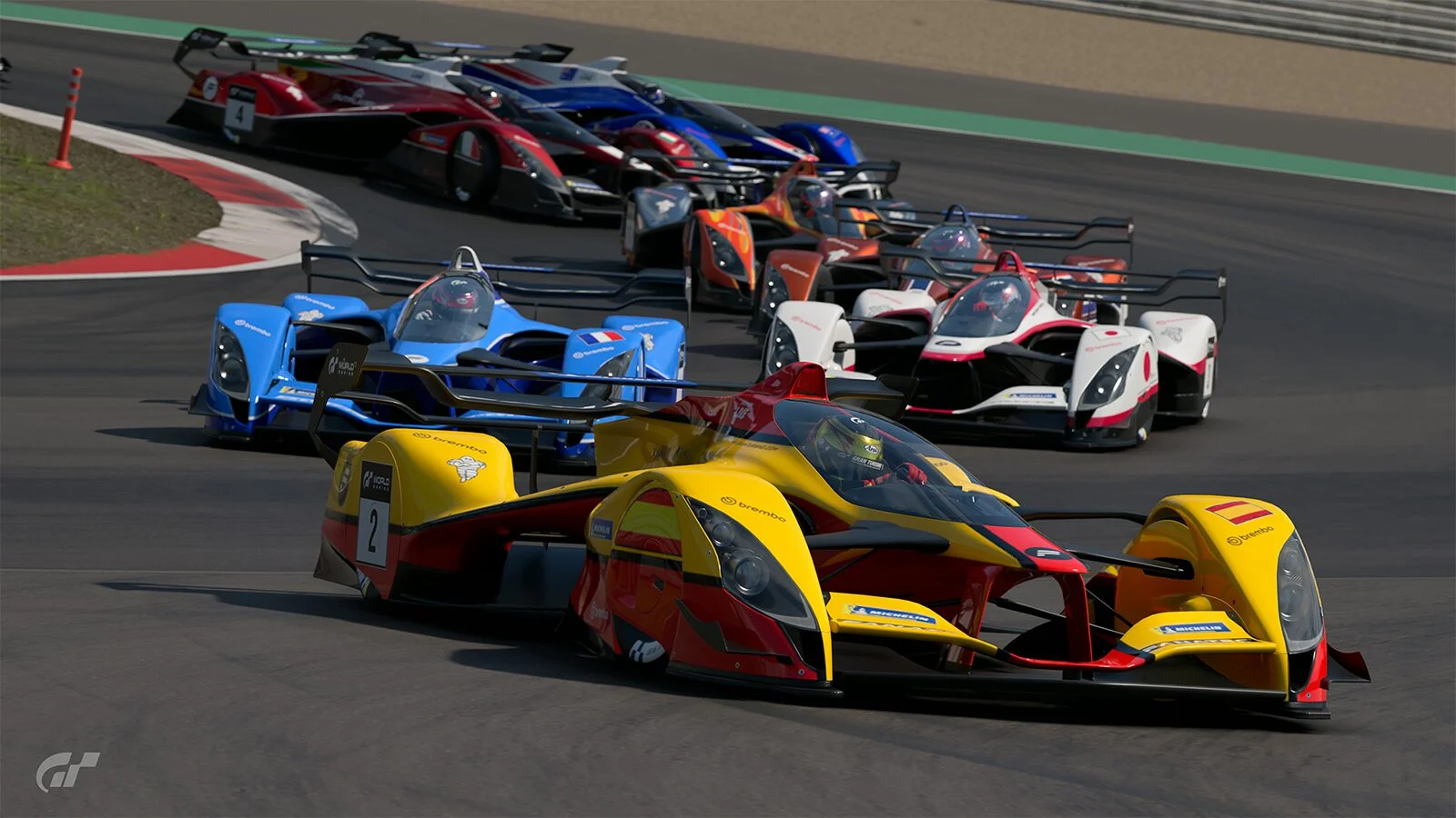 Verschillende racebolides in de bocht in Gran Turismo.