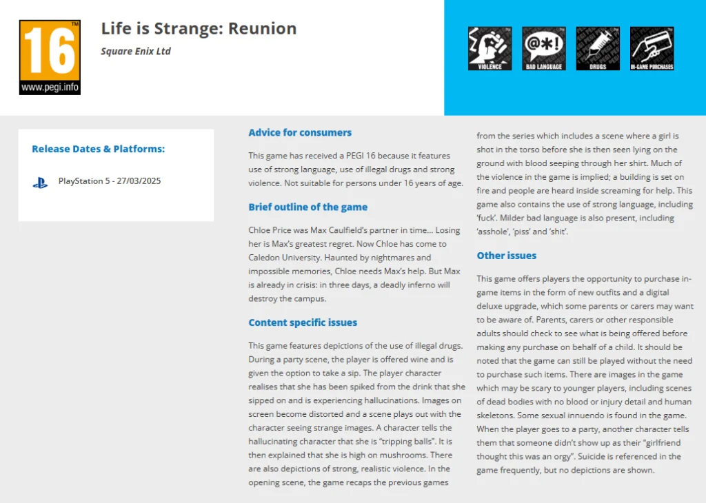 Life is Strange: Reunion op PEGI-website.