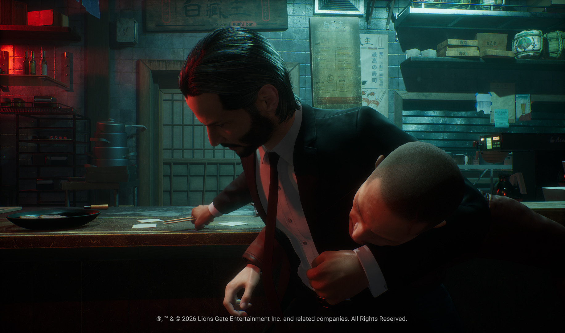 John Wick met chopsticks in zijn hand en een vijand onder zijn oksel.