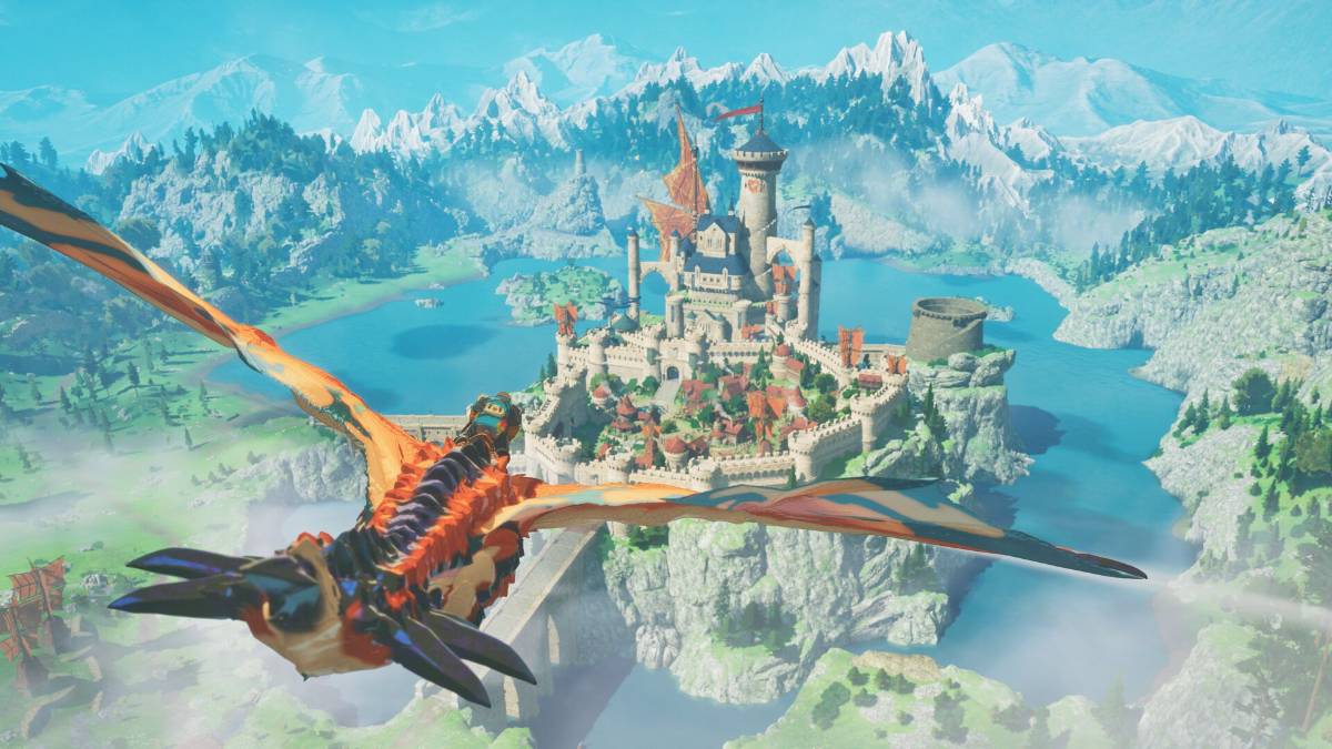 Draak die naar kasteel toevliegt in Monster Hunter Stories 3.