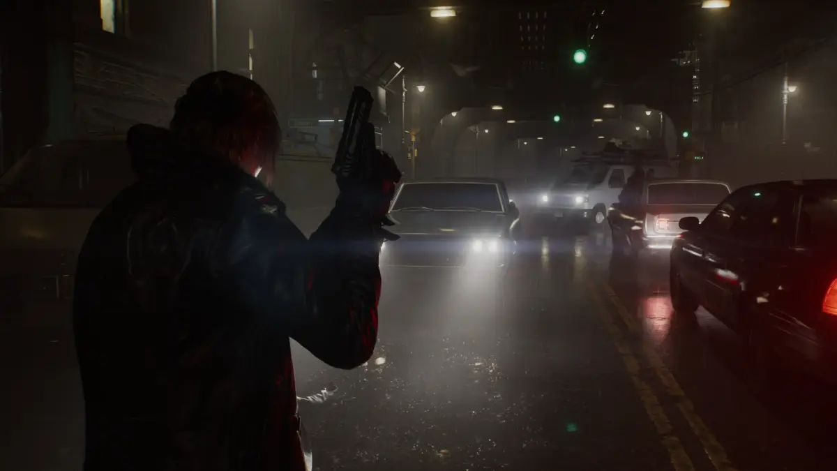 Leon buiten tussen het verkeer in Resident Evil Requiem.